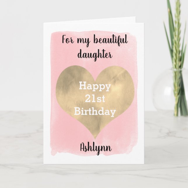 Watercolor Pink and Gold Heart 21st Birthday Card (Front)
