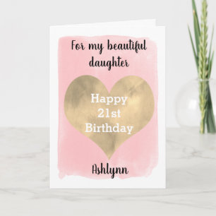 Watercolor Pink and Gold Heart 21st Birthday Card
