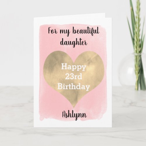 Watercolor Pink and Gold Heart 23rd Birthday Card