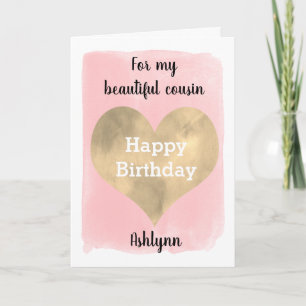 Watercolor Pink and Gold Heart Birthday Cousin Card