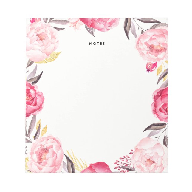 Watercolor Pink and Gold Peonies Wreath Notepad (Front)