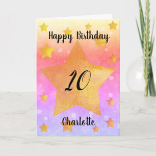 Watercolor Pink and Gold Stars 10th Birthday Card