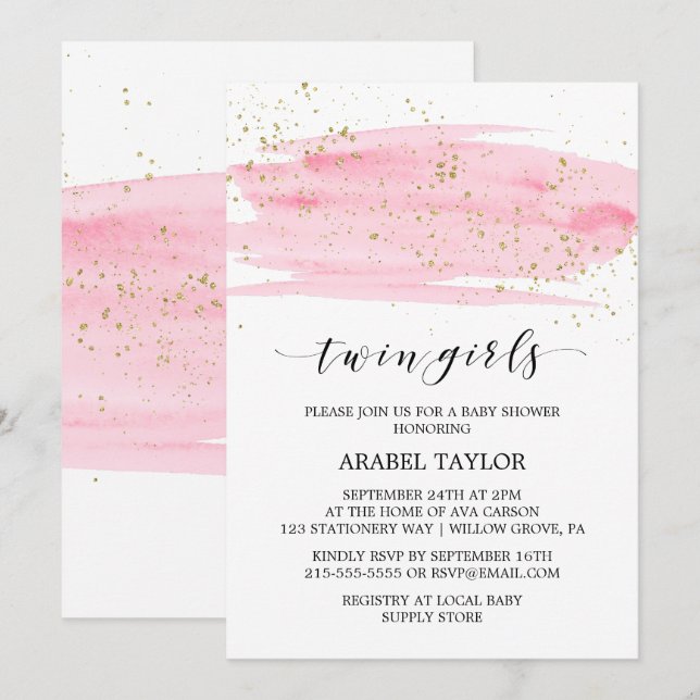 Watercolor Pink and Gold Twin Girls Baby Shower Invitation (Front/Back)