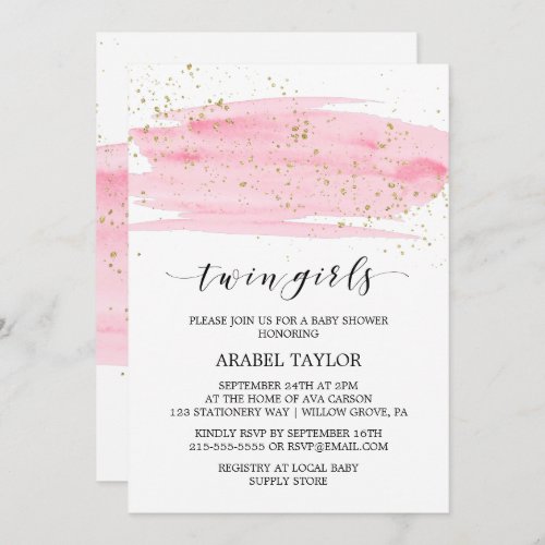 Watercolor Pink and Gold Twin Girls Baby Shower Invitation