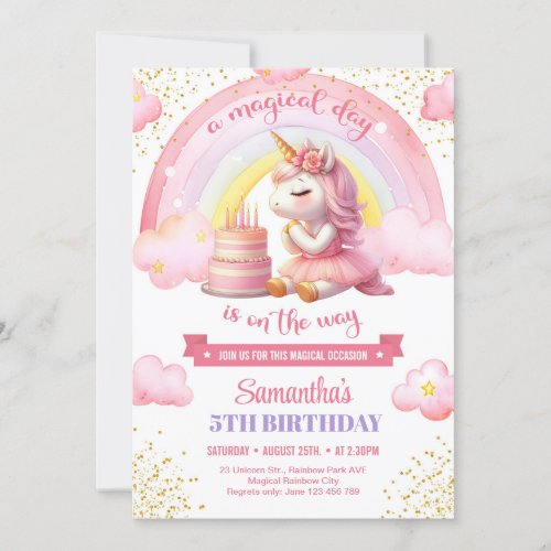 Watercolor pink and gold unicorn 5th birthday invitation