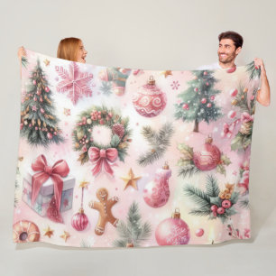 Watercolor Pink and Green Christmas Motifs Collage Fleece Blanket
