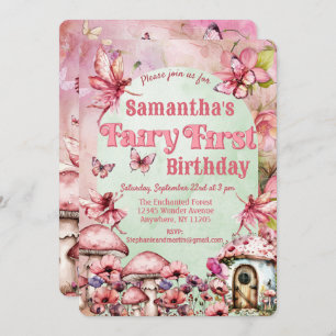 Watercolor Pink and Green Fairy First Birthday Invitation