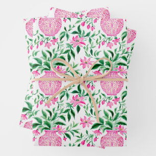 Watercolor Pink and Green Floral Ginger Jars Wrapping Paper Sheets
