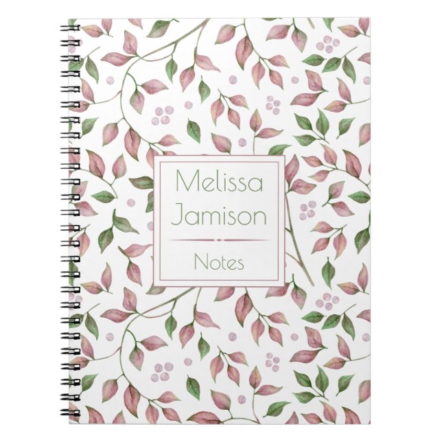 Watercolor Pink and Green Leaves Monogram | Notebook (Front)
