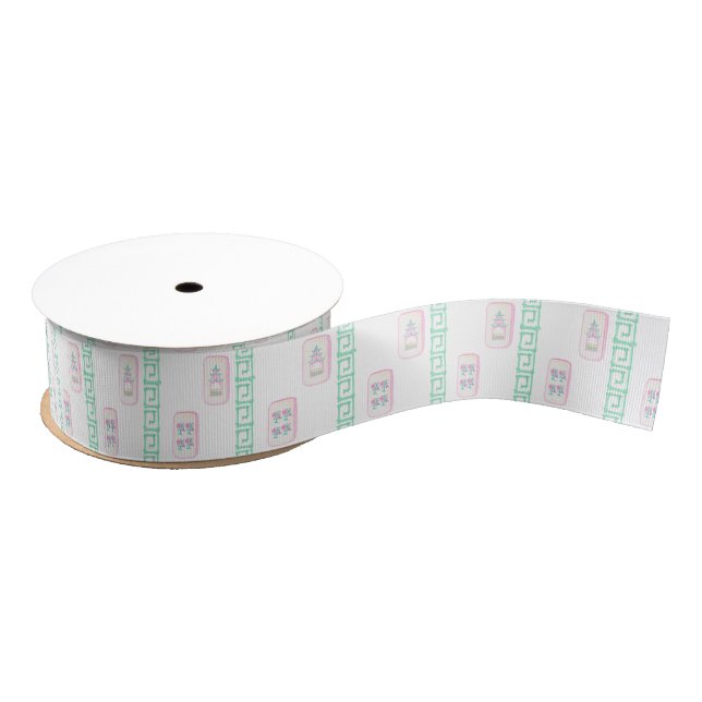 Watercolor Pink and Green Mahjong Grosgrain Ribbon (Spool)