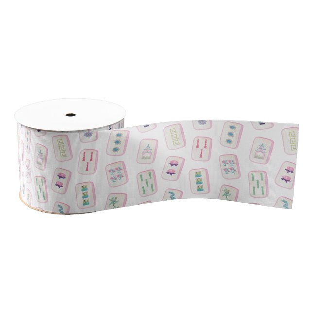 Watercolor Pink and Green Mahjong Tiles Grosgrain Ribbon (Spool)