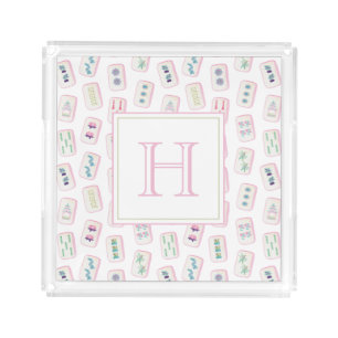 Watercolor Pink and Green Mahjong Tiles Monogram Acrylic Tray