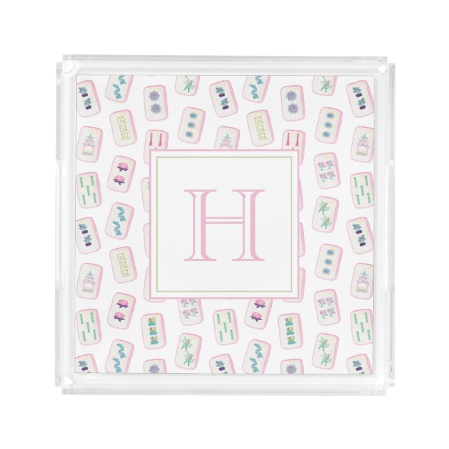 Watercolor Pink and Green Mahjong Tiles Monogram Acrylic Tray (Front)