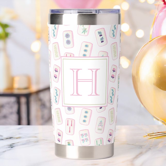 Watercolor Pink and Green Mahjong Tiles Monogram Insulated Tumbler (Creator Uploaded)