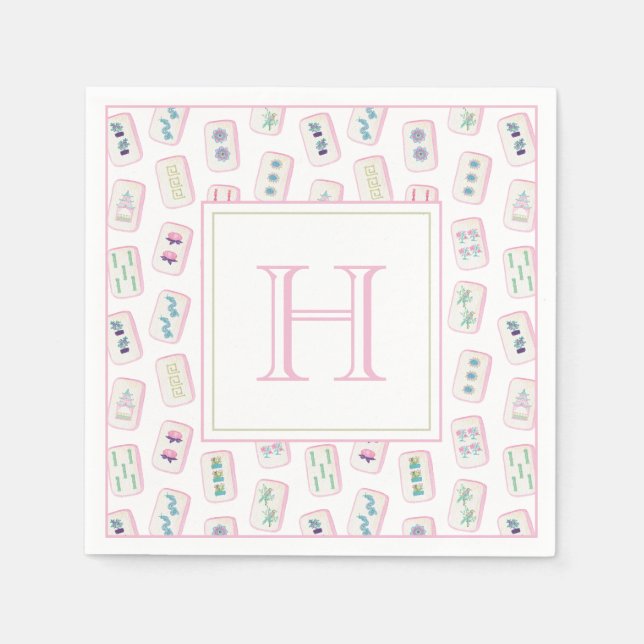 Watercolor Pink and Green Mahjong Tiles Monogram Napkins (Front)