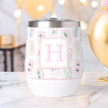 Watercolor Pink and Green Mahjong Tiles Monogram Thermal Wine Tumbler