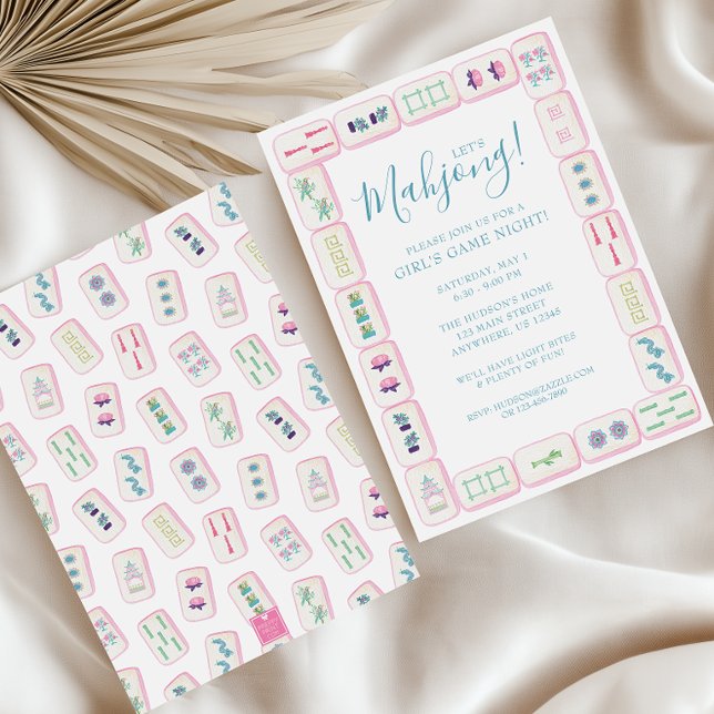 Watercolor Pink and Green Mahjong Tiles Party Invitation (Mahjong Invitation)