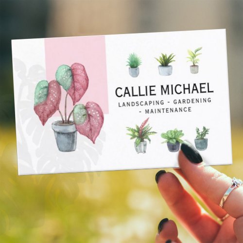 Watercolor Pink and Green Potted Plant  Business Card