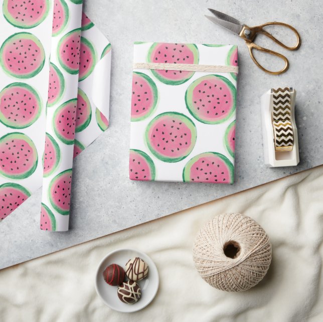 Watercolor Pink and Green Watermelon Pattern Wrapping Paper (Crafts)