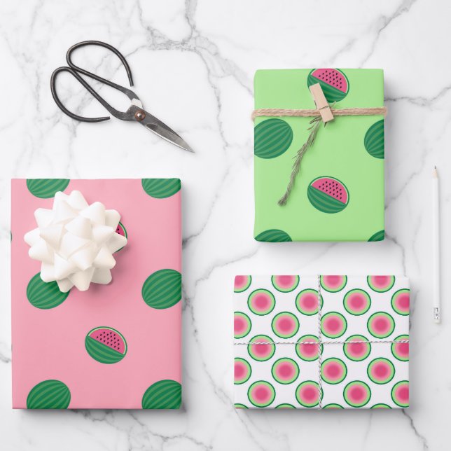 Watercolor Pink and Green Watermelon Patterns Wrapping Paper Sheets (Front)