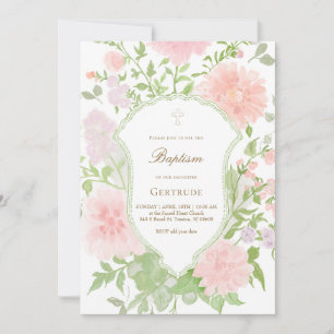 watercolor pink and lilac big flowers Baptism Invitation
