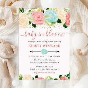 Watercolor Pink and Mint Flowers Baby Shower Invitation