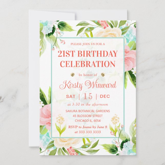 Watercolor Pink and Mint Flowers Birthday Invitation (Front)