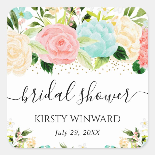 Watercolor Pink and Mint Flowers Bridal Shower Square Sticker (Front)