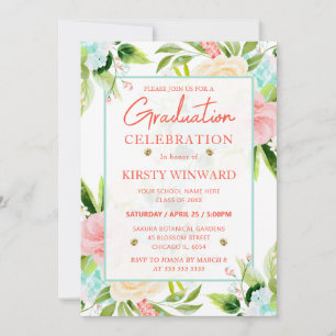 Watercolor Pink and Mint Flowers Graduation Invitation