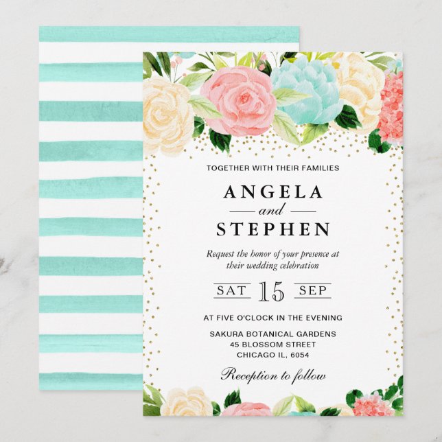 Watercolor Pink and Mint Flowers Wedding Invitation (Front/Back)
