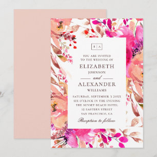 Watercolor pink and peach floral garden wedding invitation