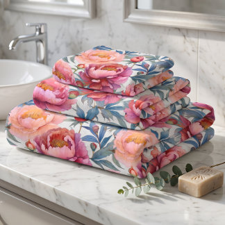 Watercolor Pink and Peach Peony Flowers Bath Towel Set