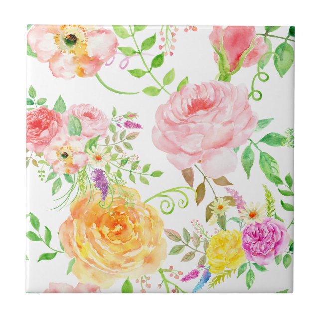 Watercolor pink and peach rose pattern tile (Front)