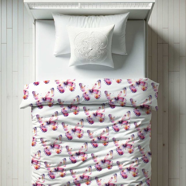Watercolor Pink and Purple Butterfly Pattern Duvet (Butterfly pattern duvet dorm room & girl bedroom decor features pink & purple watercolor butterflies)