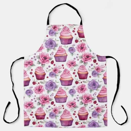 Watercolor Pink and Purple Cupcakes and Flowers Apron