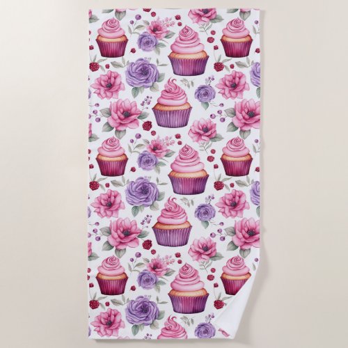 Watercolor Pink and Purple Cupcakes and Flowers Beach Towel