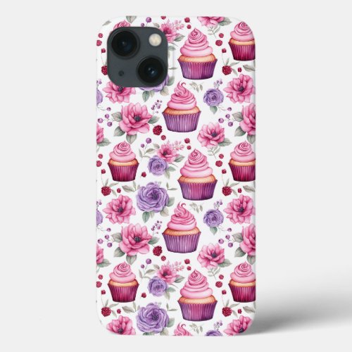 Watercolor Pink and Purple Cupcakes and Flowers iPhone 13 Case