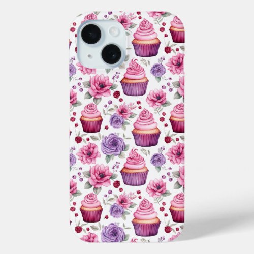 Watercolor Pink and Purple Cupcakes and Flowers iPhone 15 Case