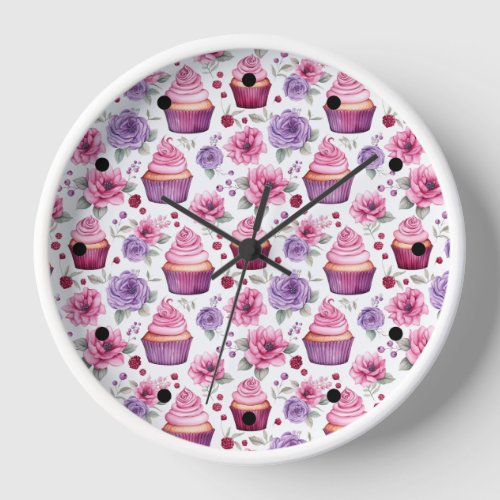 Watercolor Pink and Purple Cupcakes and Flowers Clock