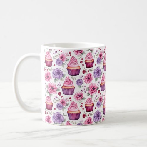 Watercolor Pink and Purple Cupcakes and Flowers Coffee Mug