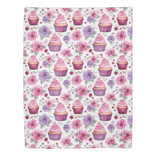 Watercolor Pink and Purple Cupcakes and Flowers Duvet Cover