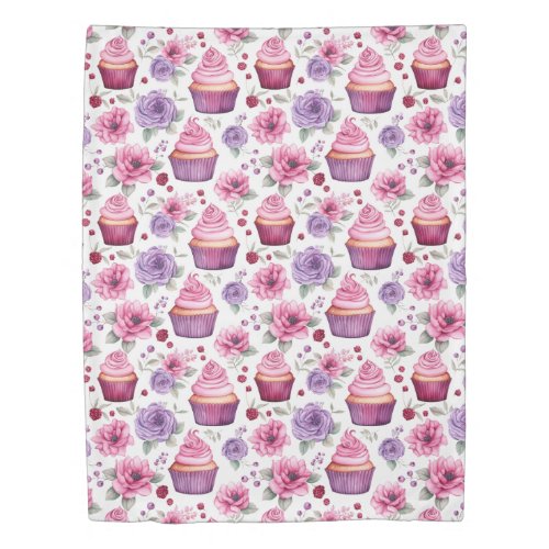 Watercolor Pink and Purple Cupcakes and Flowers Duvet Cover