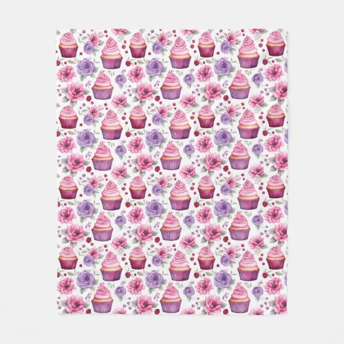 Watercolor Pink and Purple Cupcakes and Flowers Fleece Blanket