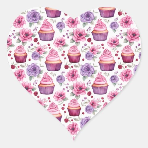 Watercolor Pink and Purple Cupcakes and Flowers Heart Sticker