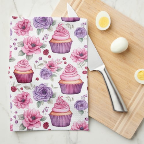 Watercolor Pink and Purple Cupcakes and Flowers Kitchen Towel