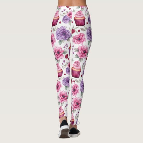 Watercolor Pink and Purple Cupcakes and Flowers Leggings