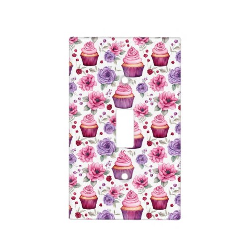 Watercolor Pink and Purple Cupcakes and Flowers Light Switch Cover