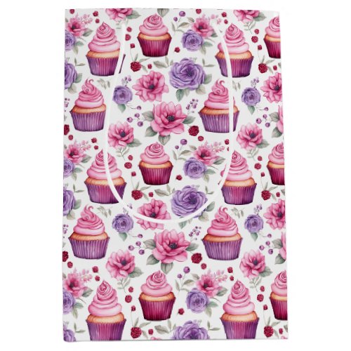 Watercolor Pink and Purple Cupcakes and Flowers Medium Gift Bag