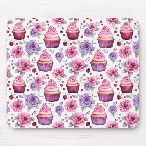 Watercolor Pink and Purple Cupcakes and Flowers Mouse Pad