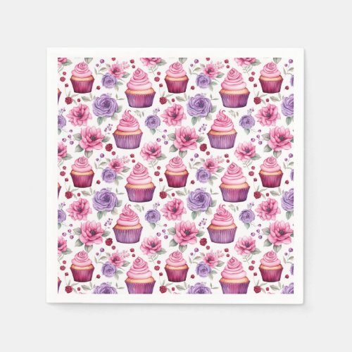 Watercolor Pink and Purple Cupcakes and Flowers Napkins